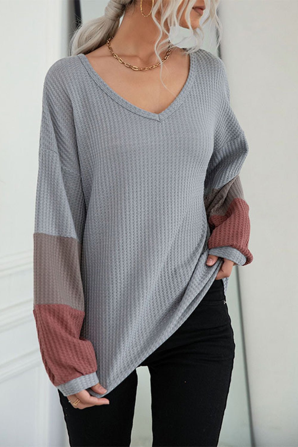 Beach Rose Co. - Gray Color Block Sleeve Waffle Knit Tee