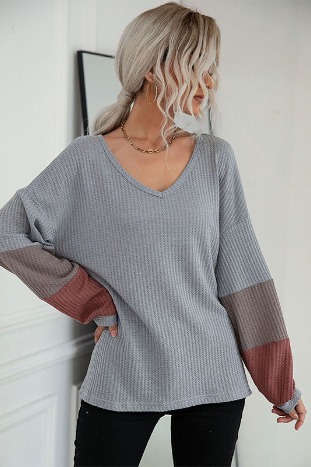 Beach Rose Co. - Gray Color Block Sleeve Waffle Knit Tee