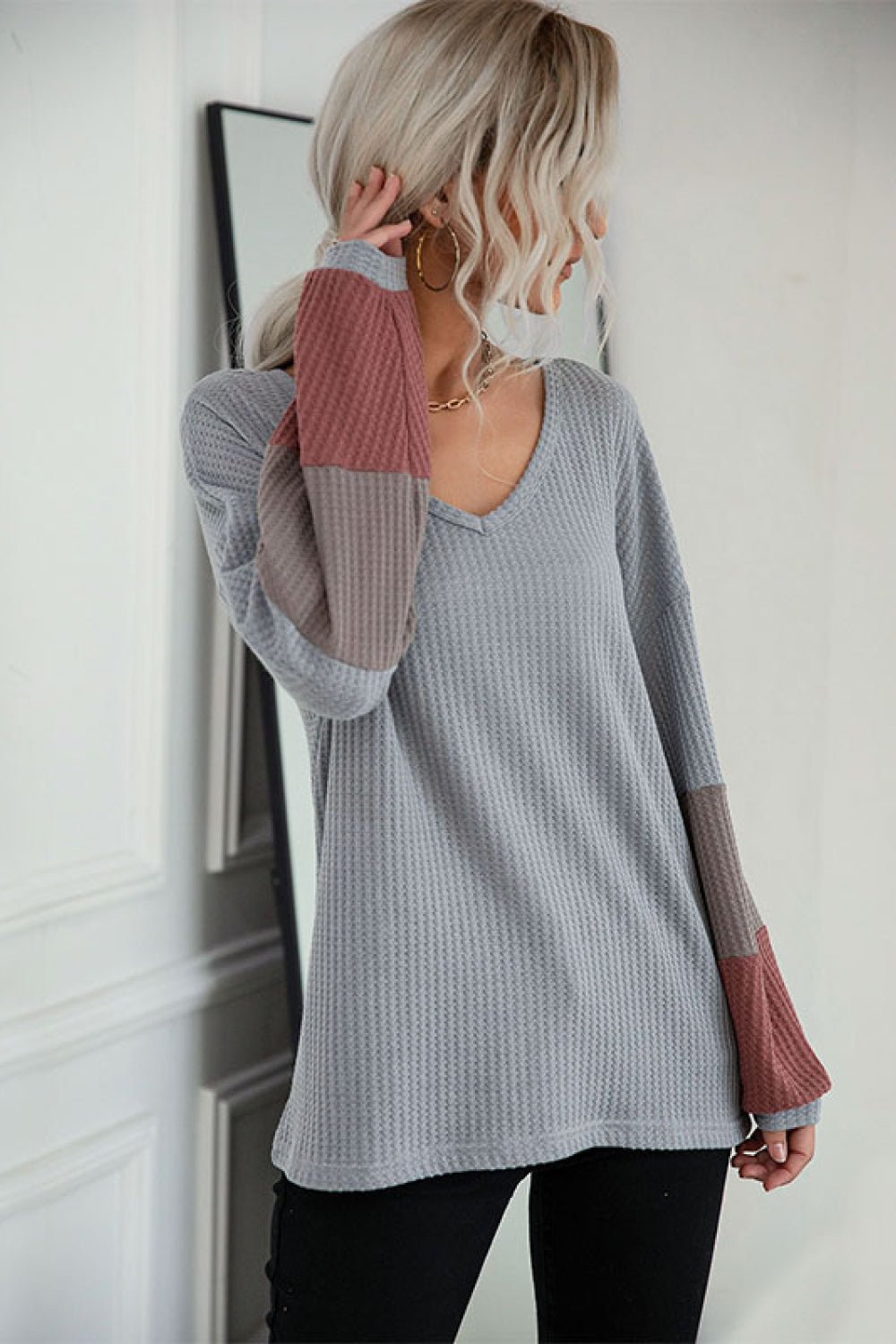 Beach Rose Co. - Gray Color Block Sleeve Waffle Knit Tee