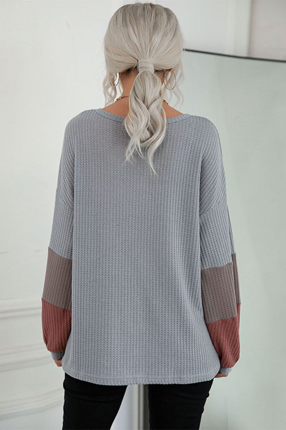 Beach Rose Co. - Gray Color Block Sleeve Waffle Knit Tee