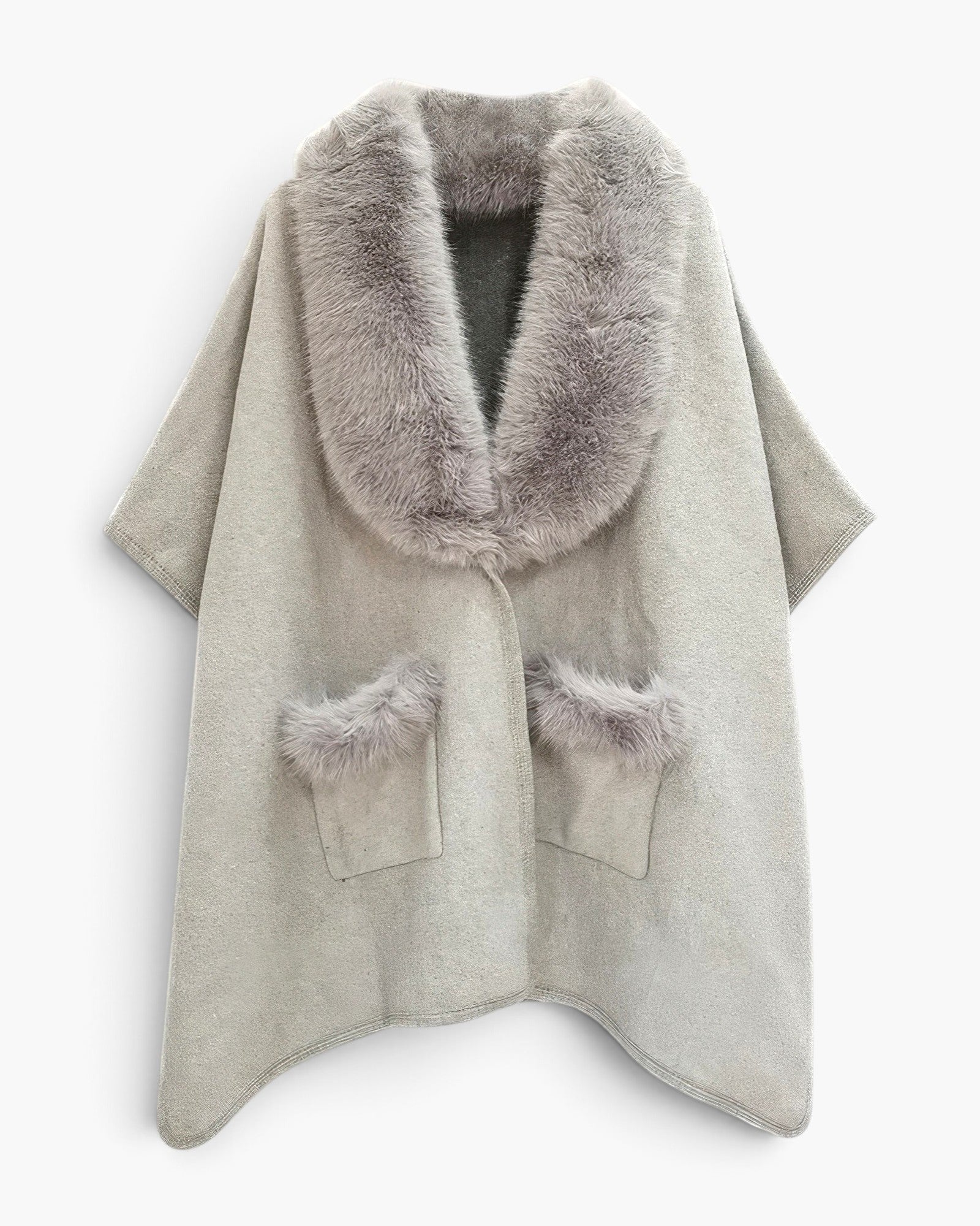 Beach Rose Co. gray kimono with a plush faux fur collar and matching faux fur pocket trim in a relaxed fit.