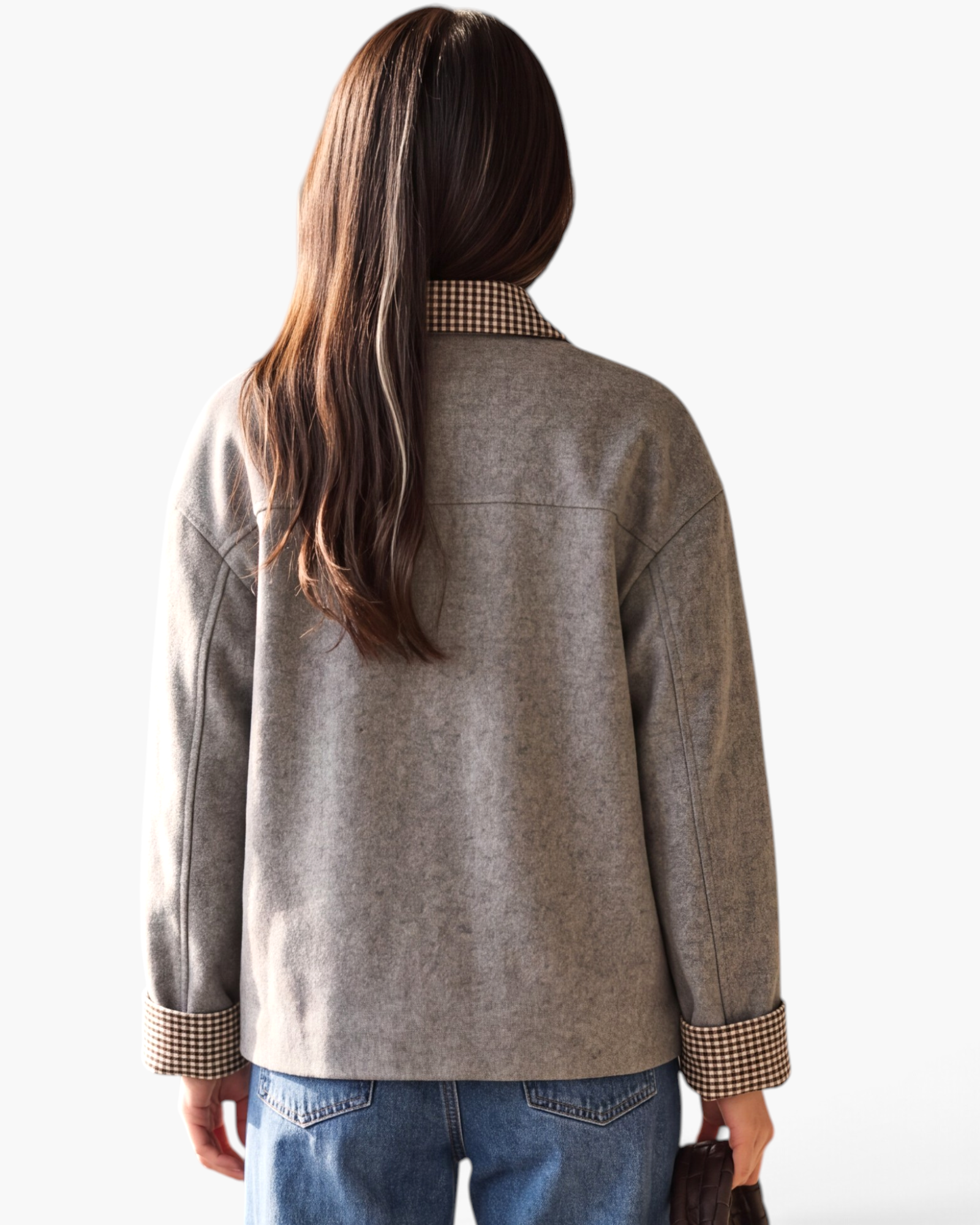 Beach Rose Co. heather gray jacket with brown and cream gingham collar and cuffs, shown from the back.
