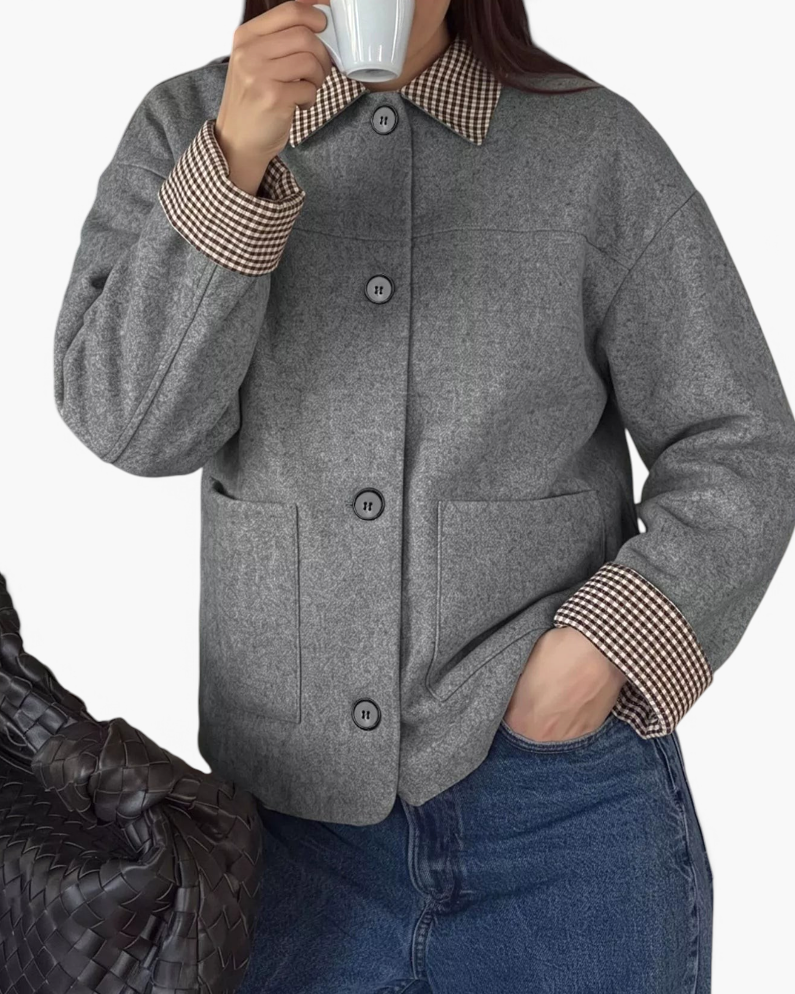 Beach Rose Co. gray button-front jacket with brown and cream gingham collar and cuffs, worn with blue jeans.