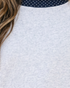 Beach Rose Co. light gray heathered mock neck sweatshirt featuring a navy blue polka dot trim at the neckline.