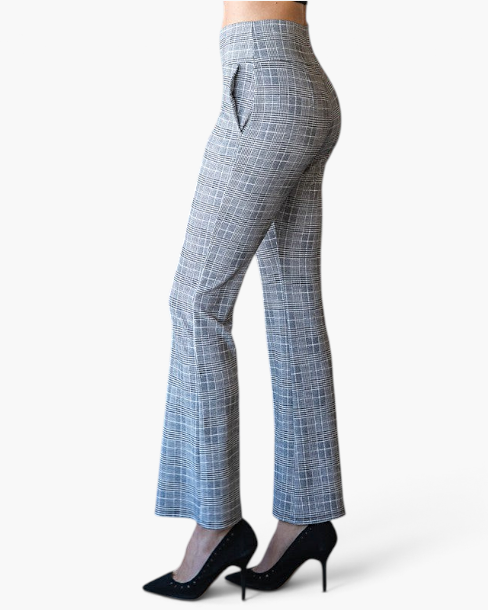 Beach Rose Co. gray plaid high-rise pull-on flare pants with a fitted silhouette and back pockets, side view.