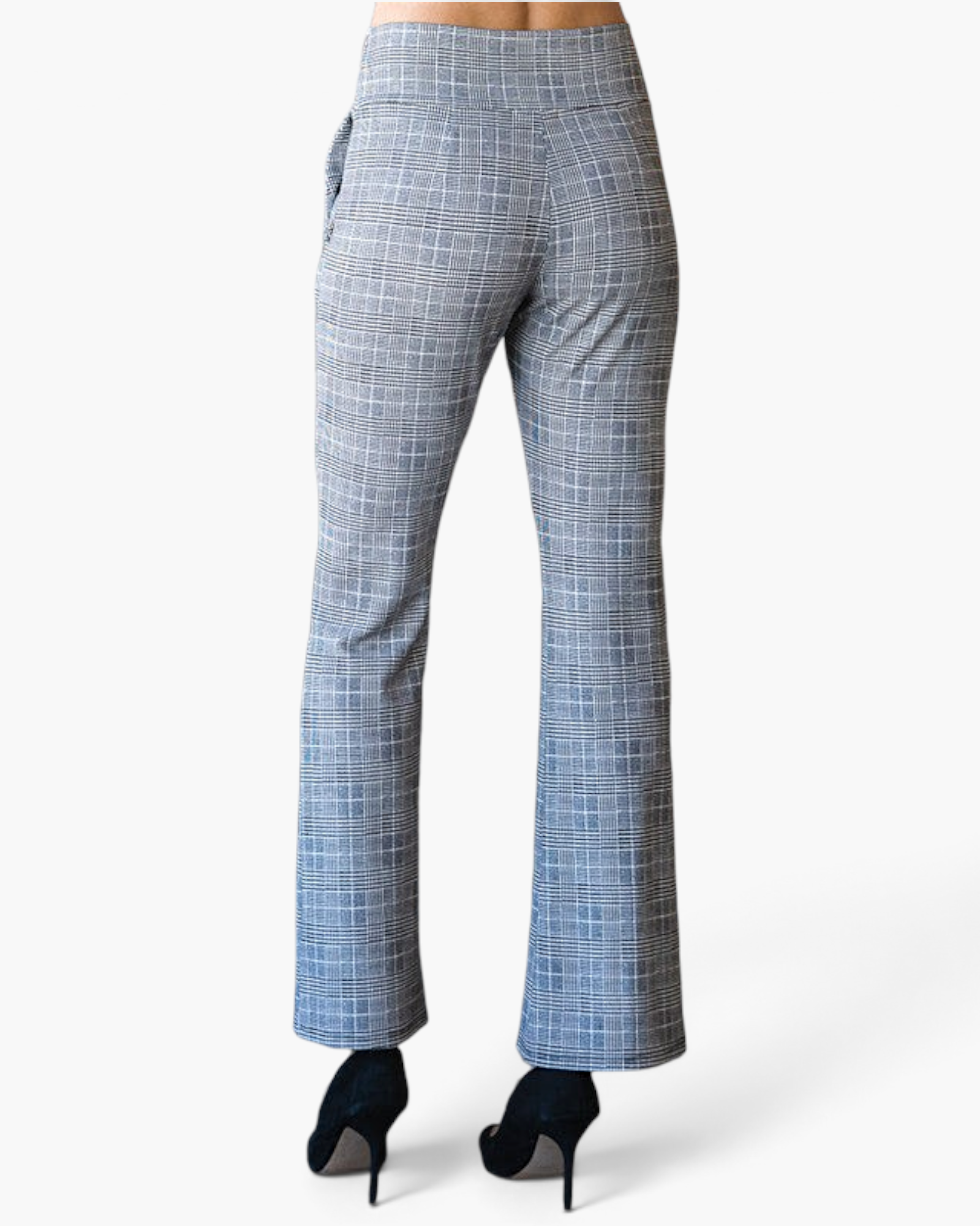 Beach Rose Co. gray plaid high-rise pull-on flare pants with back pockets, shown from the back view.