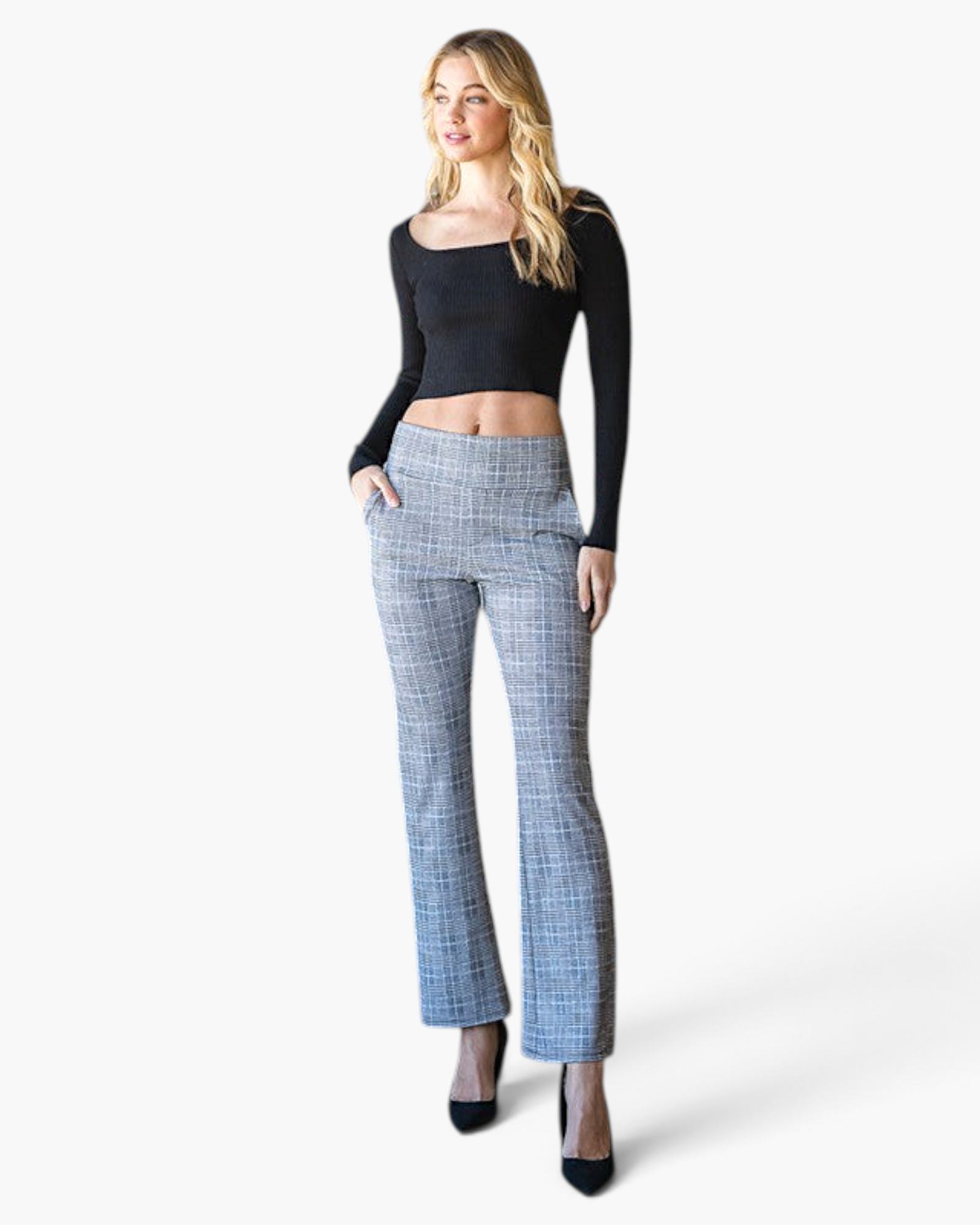 Beach Rose Co. gray plaid high-rise pull-on flare pants worn by a blonde model with a black long-sleeve crop top.