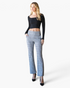 Beach Rose Co. gray plaid high-rise pull-on flare pants worn by a blonde model with a black long-sleeve crop top.