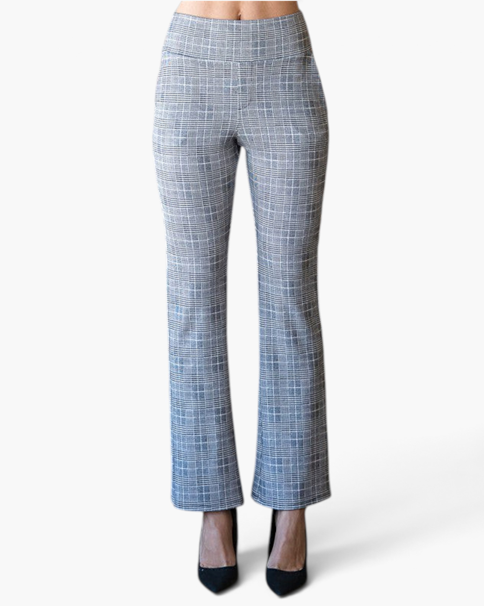 Beach Rose Co. gray plaid high-rise pull-on flare pants in soft stretch fabric with a fitted silhouette.