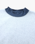 Beach Rose Co. light gray heathered sweatshirt featuring a navy blue mock neckline with white polka dot pattern.