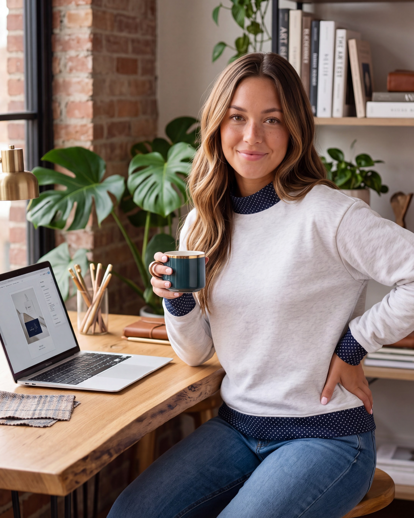 Beach Rose Co. light gray mock neck sweatshirt with navy polka dot trim worn by a woman holding a mug at a desk.