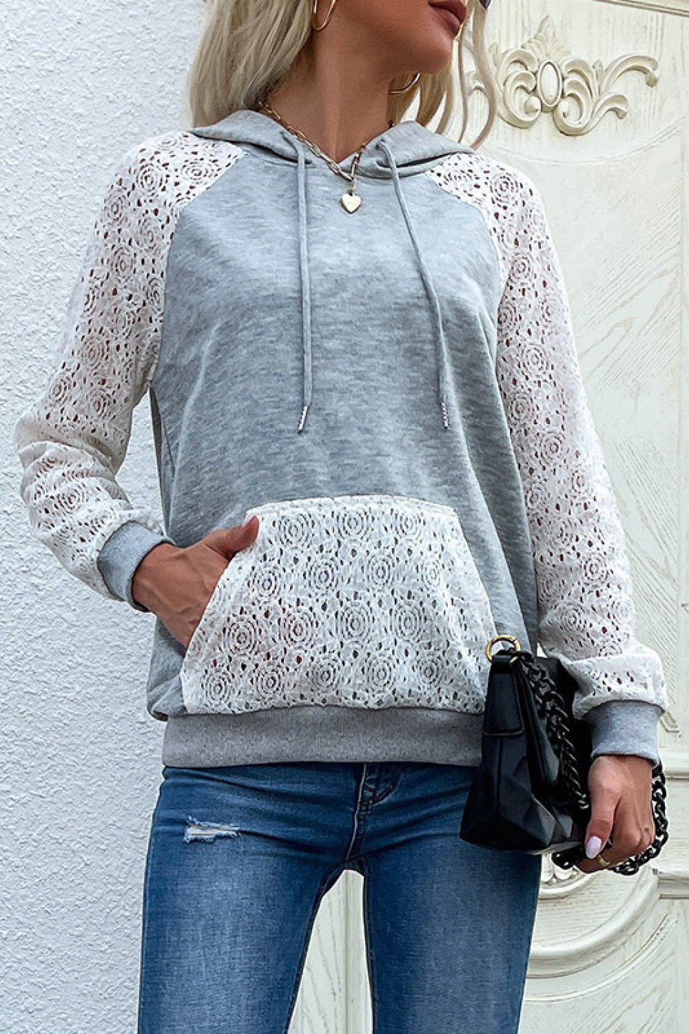 Beach Rose Co. - Gray Raglan Lace Sleeve Hoodie