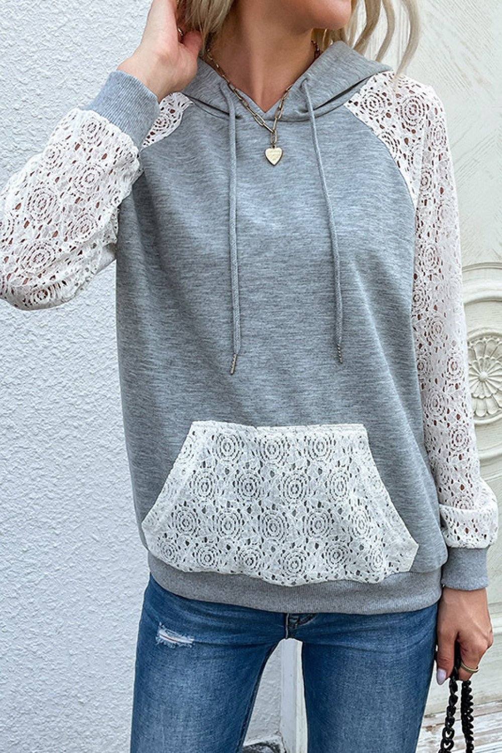 Beach Rose Co. - Gray Raglan Lace Sleeve Hoodie