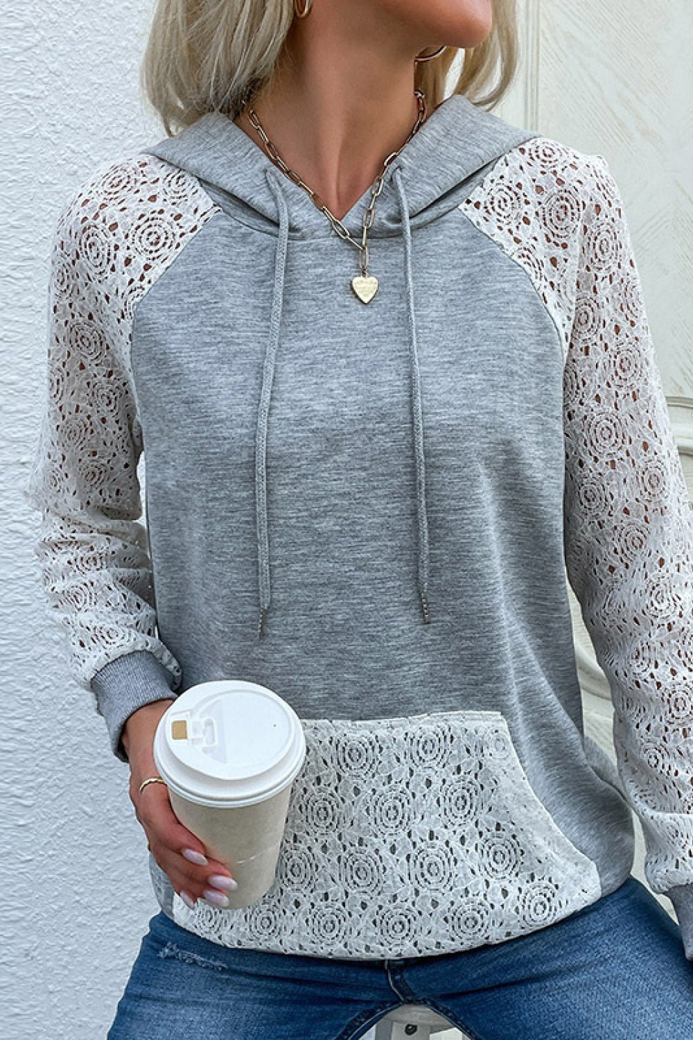 Beach Rose Co. - Gray Raglan Lace Sleeve Hoodie