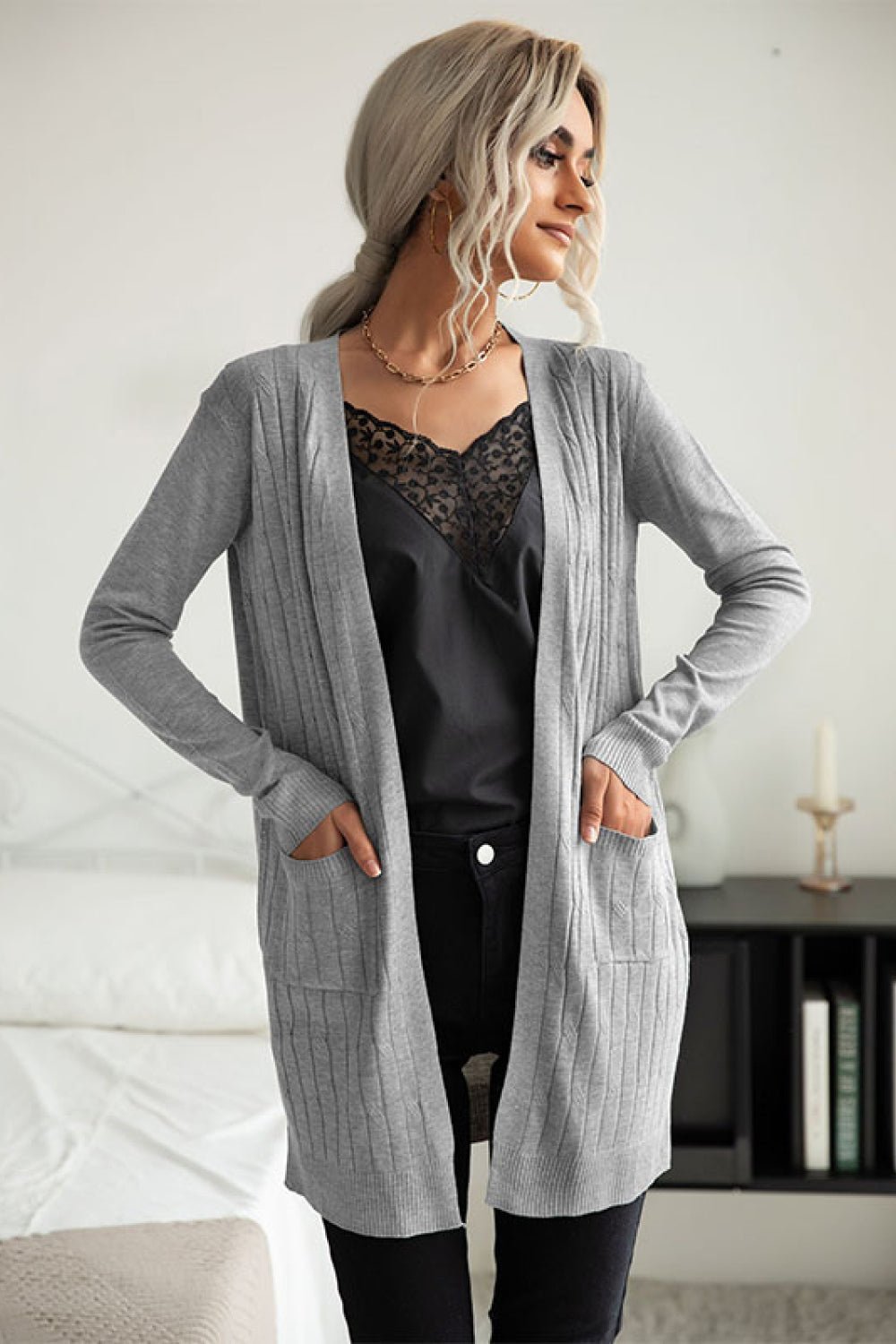 Beach Rose Co. - Gray Rib Knit Longline Open Front Cardigan