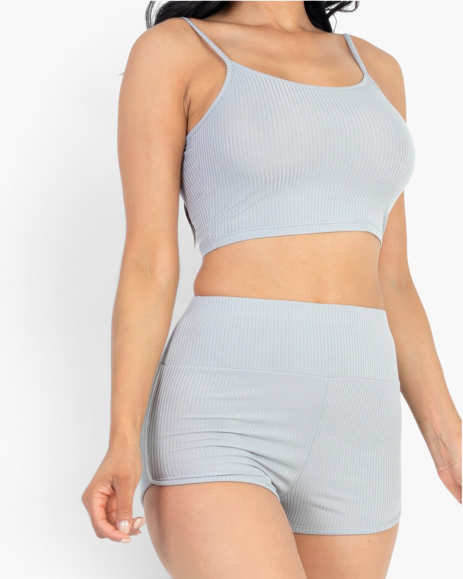 Beach Rose Co. gray ribbed cami crop top and matching ruched shorts set on a model against a white background