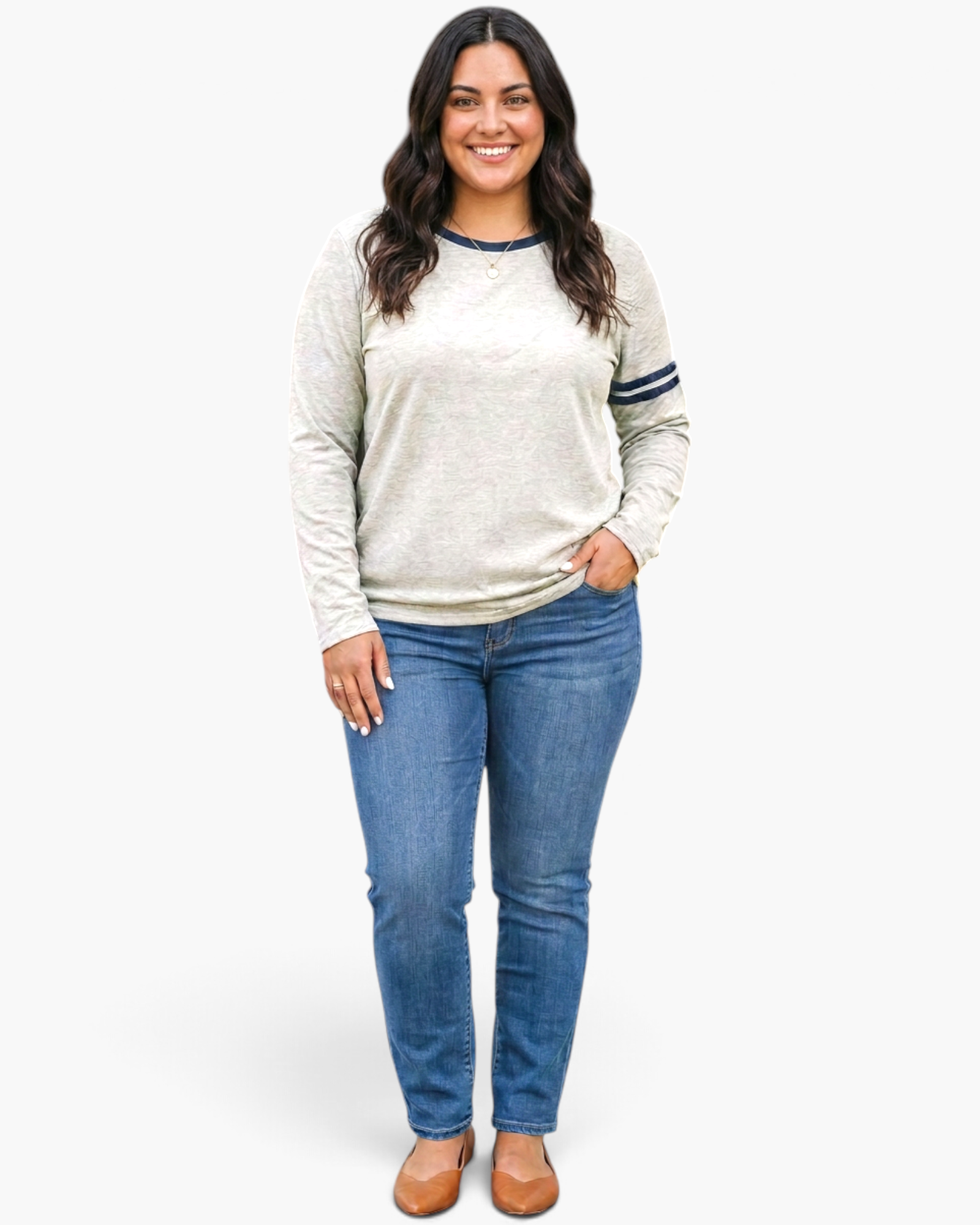 Beach Rose Co. light gray long sleeve cotton top with navy crew neck trim and double sleeve stripes on a smiling model