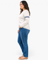 Beach Rose Co. light gray long sleeve cotton top with navy sleeve stripes worn by a woman with blue jeans