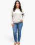 Beach Rose Co. light gray long sleeve cotton top with navy crew neck trim and double sleeve stripes on a smiling model