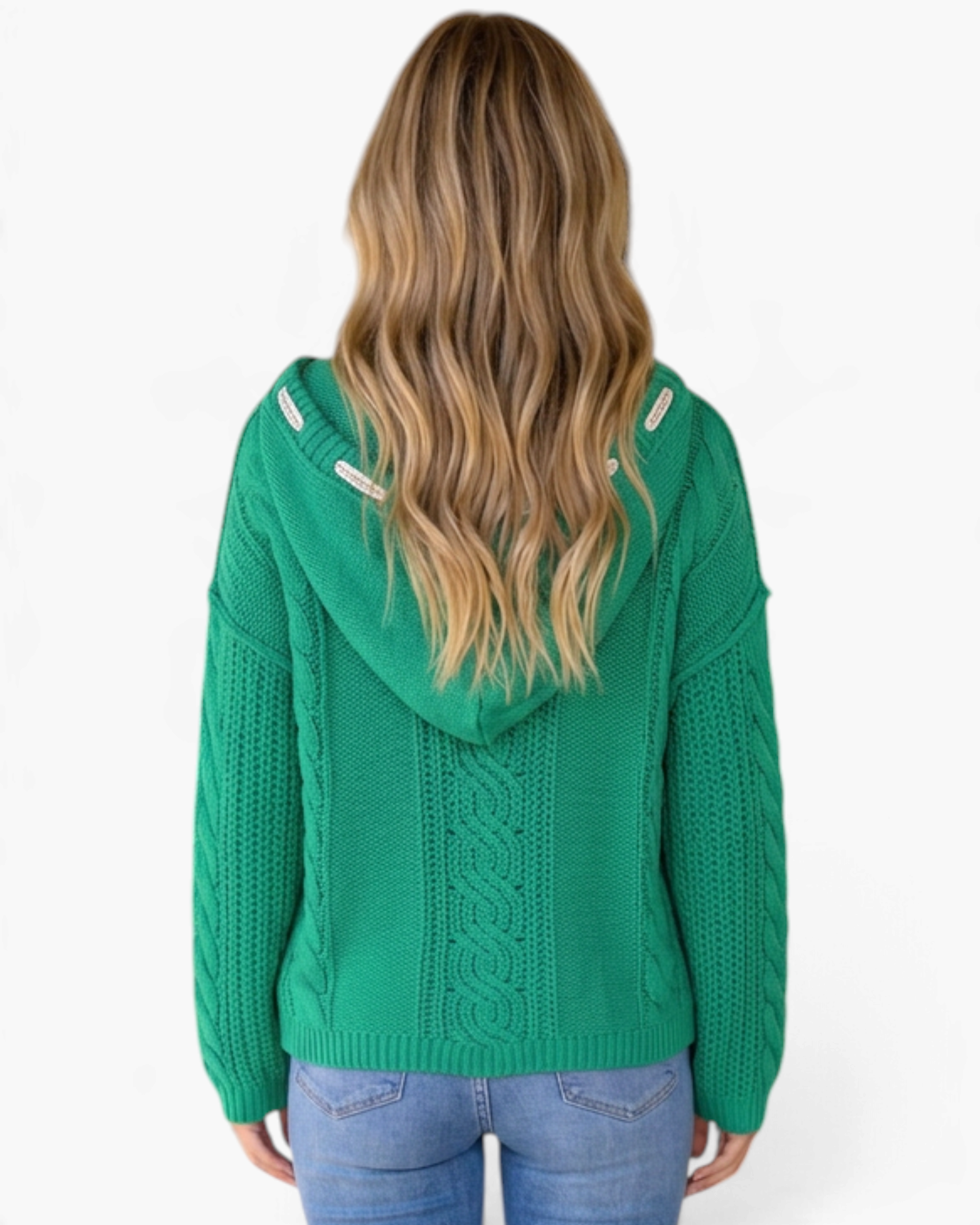 Beach Rose Co. green cable knit hooded sweater with V-neck and dropped shoulders, viewed from the back.