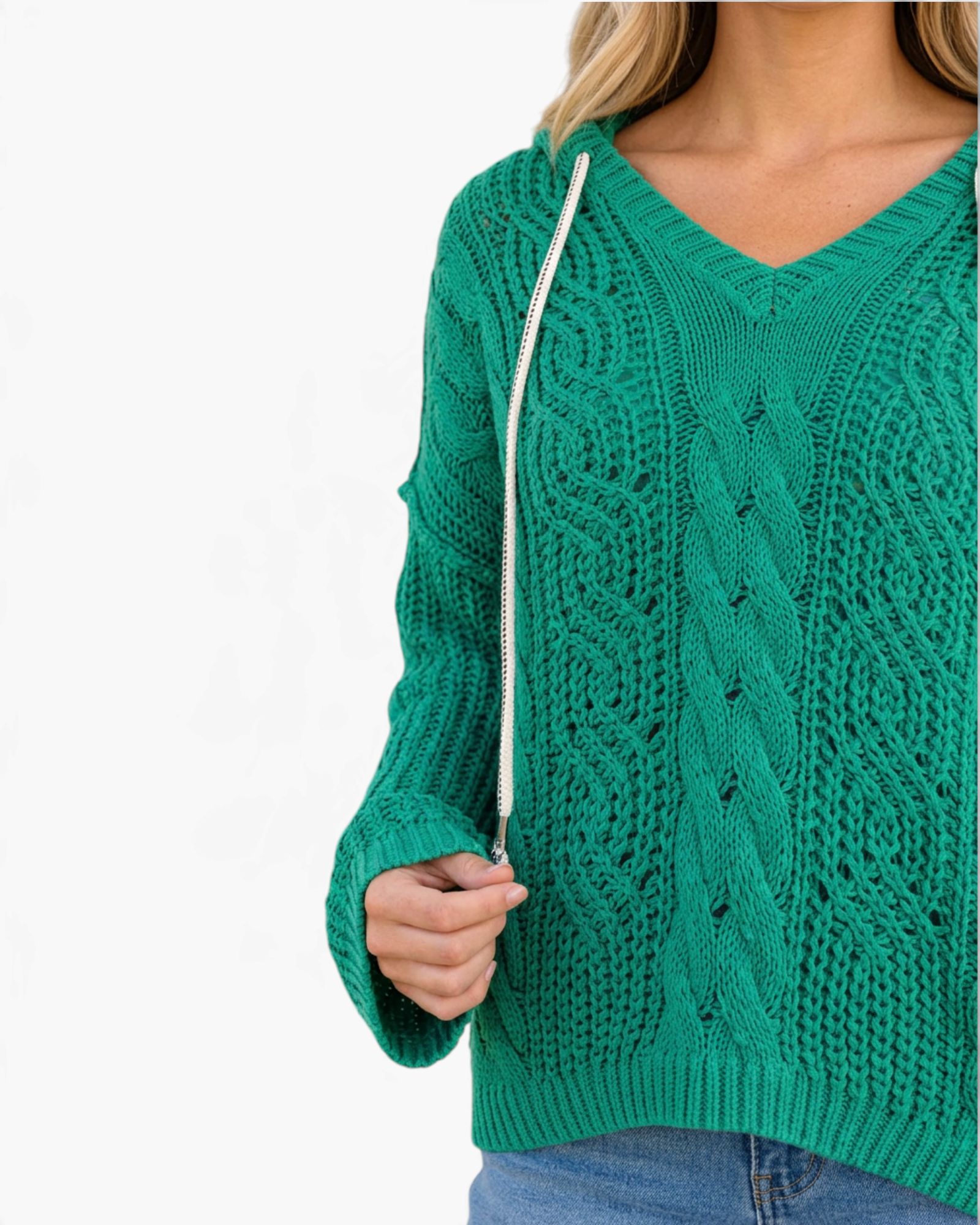 Beach Rose Co. green cable knit V-neck hooded sweater with openwork details and contrasting white drawstrings