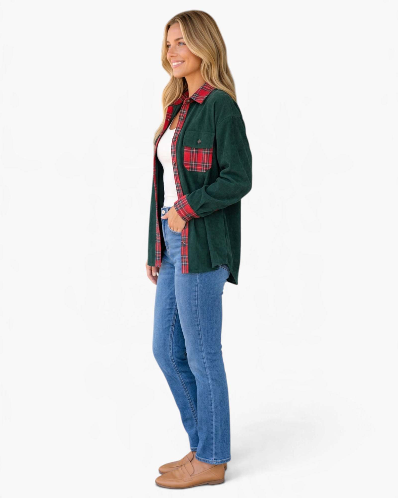 Beach Rose Co. forest green corduroy shacket with red plaid accents worn by a woman with jeans and tan loafers