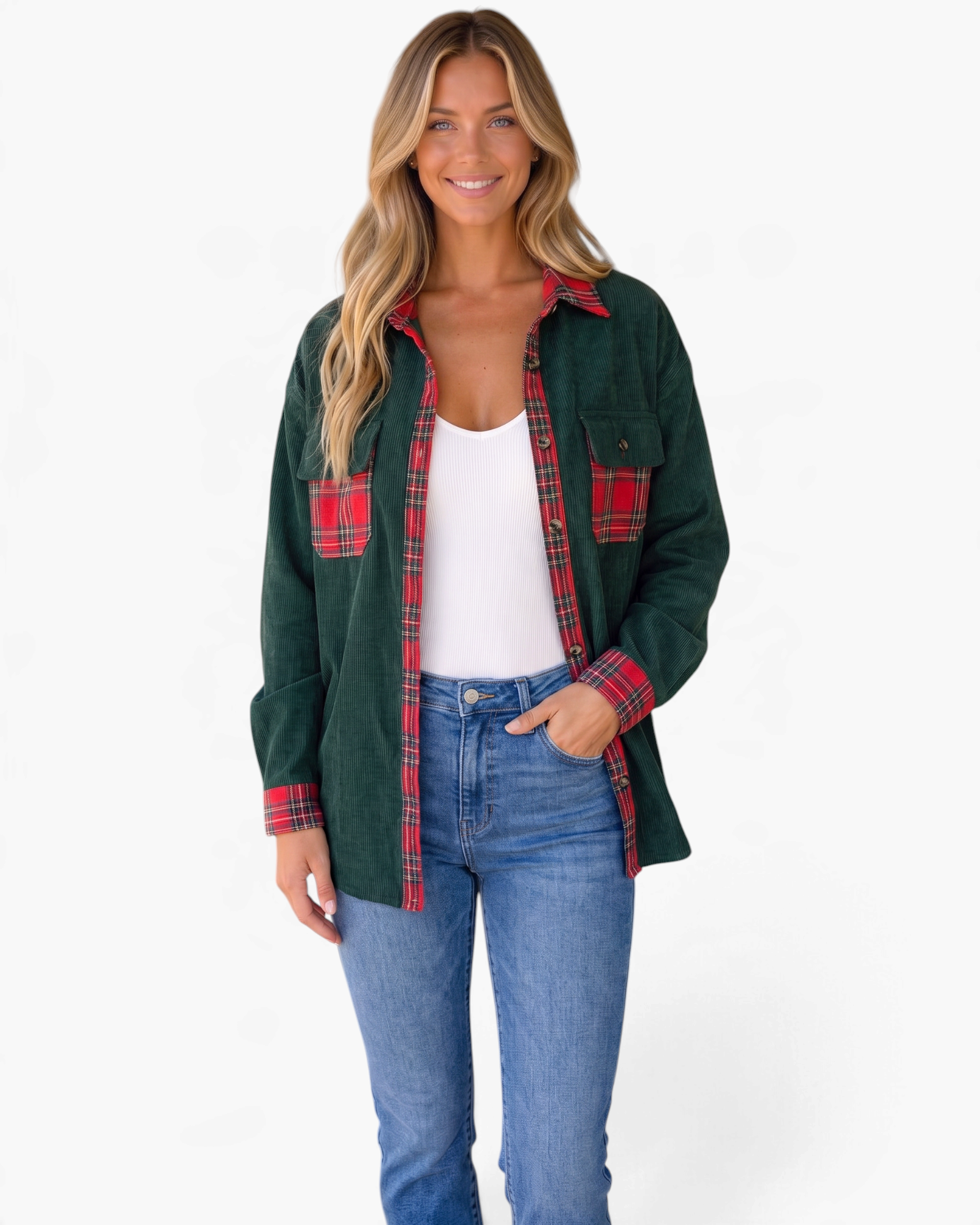 Beach Rose Co. forest green corduroy shacket with red plaid accents on collar, cuffs, and pockets worn by a model.
