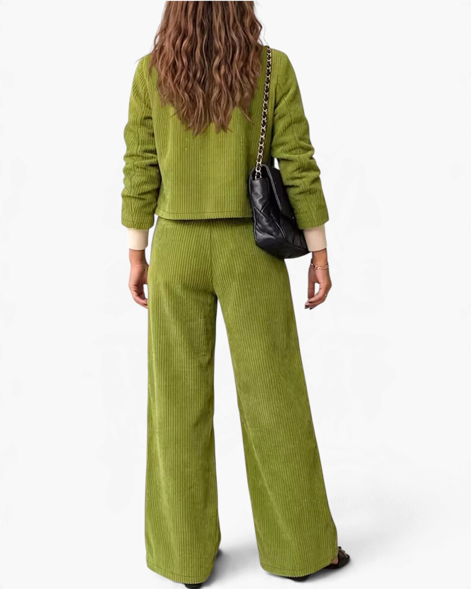 Beach Rose Co. green corduroy two-piece set featuring a cropped jacket and wide leg pants worn by a woman from behind