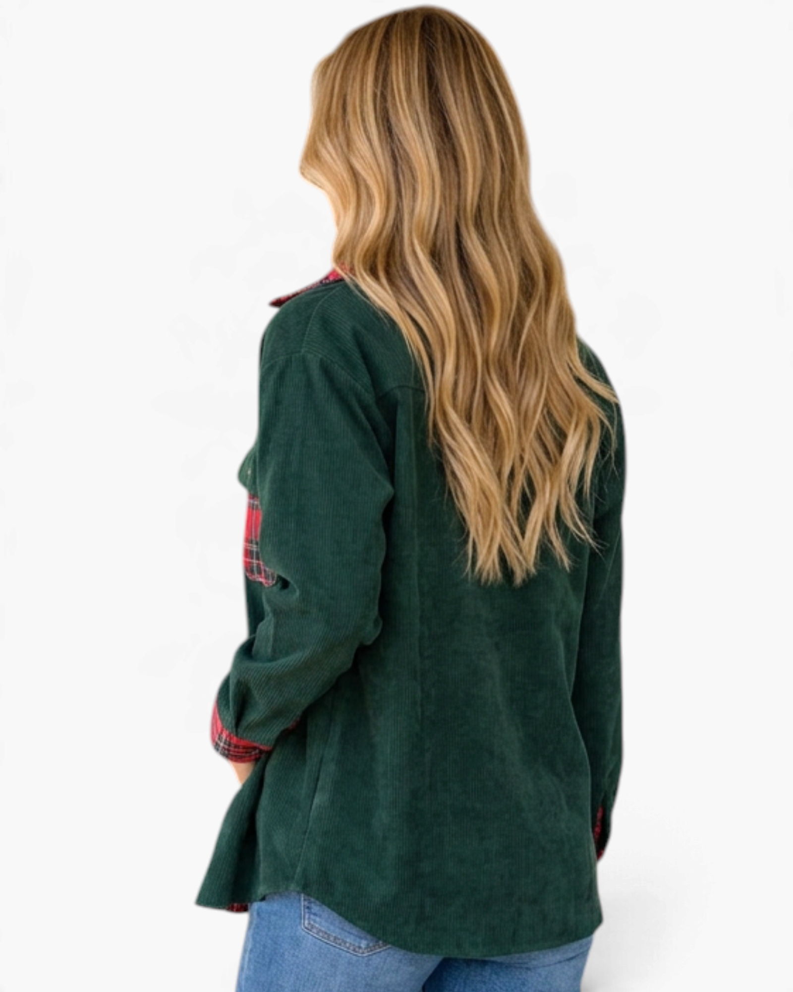 Beach Rose Co. forest green corduroy shacket with red plaid accents worn by a woman from the back view.