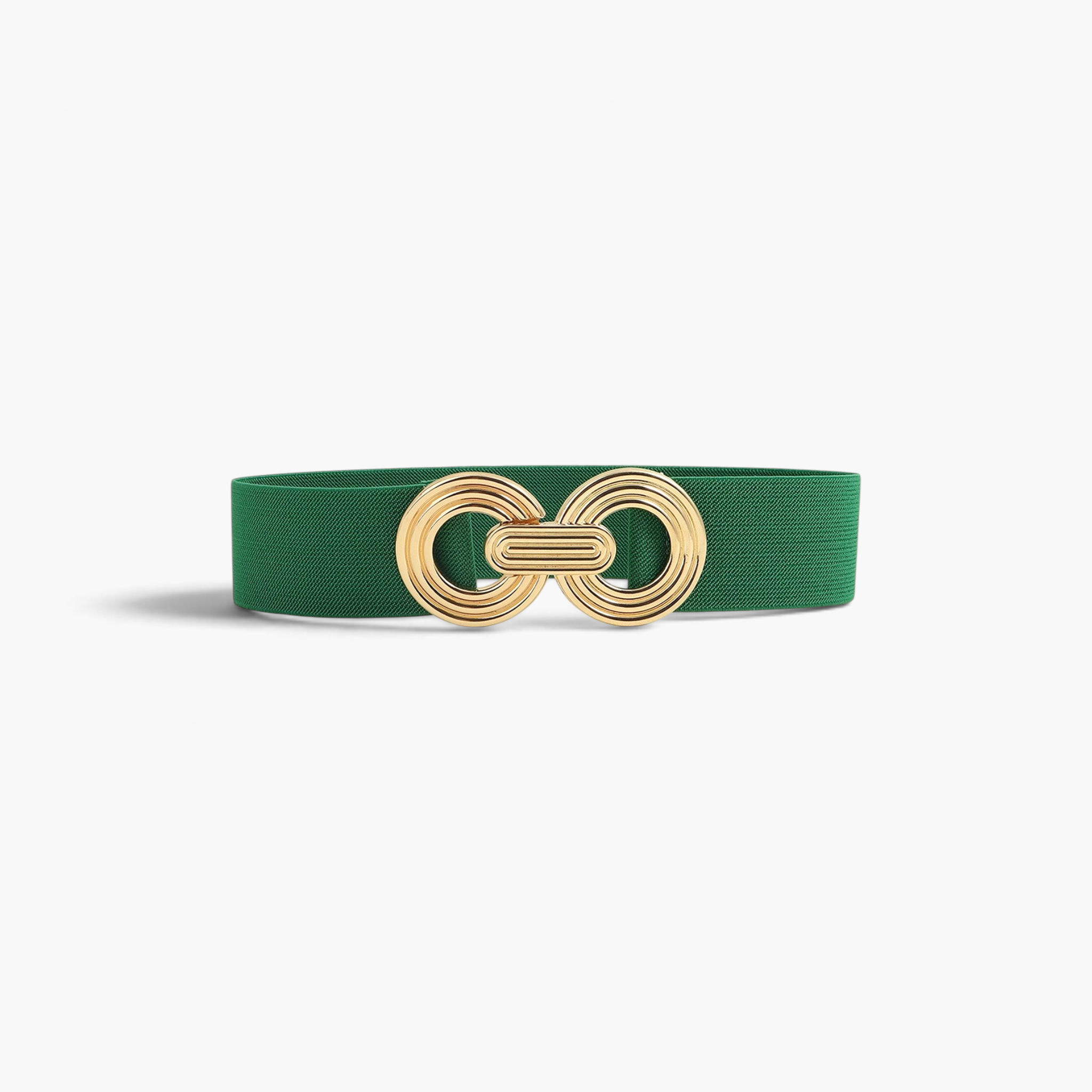 Beach Rose Co. wide green elastic waist belt featuring a gold-tone double-circle alloy buckle with ridged detailing.