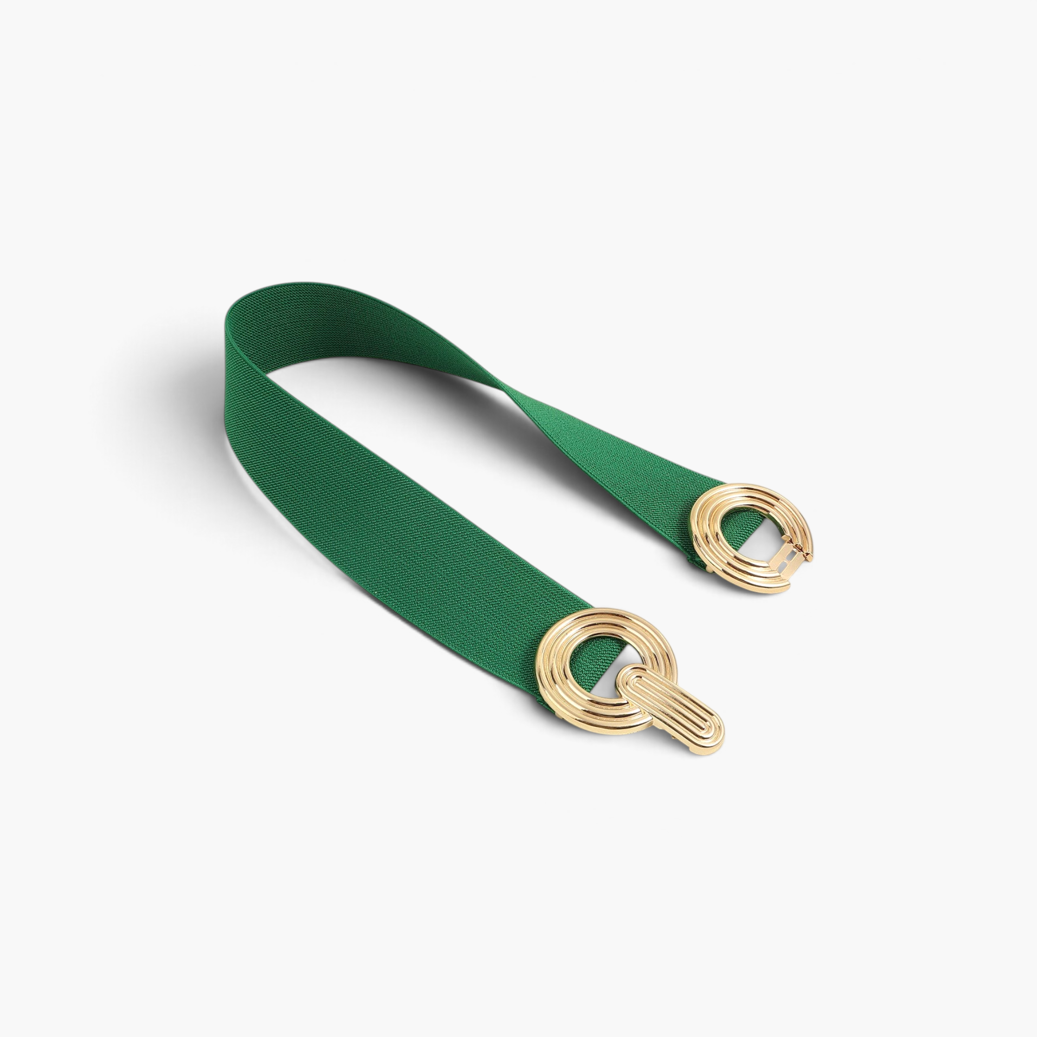 Beach Rose Co. green elastic waist belt featuring a gold double-circle alloy buckle with ridged detailing.