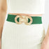 Beach Rose Co. wide green elastic waist belt featuring a gold-toned double-circle alloy buckle with ridged detailing.