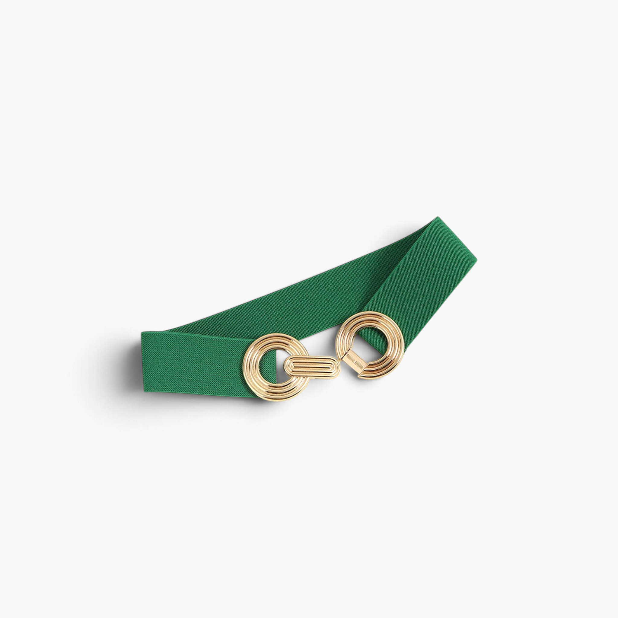 Beach Rose Co. green elastic waist belt with a gold-toned double circle alloy buckle and ridged detailing.