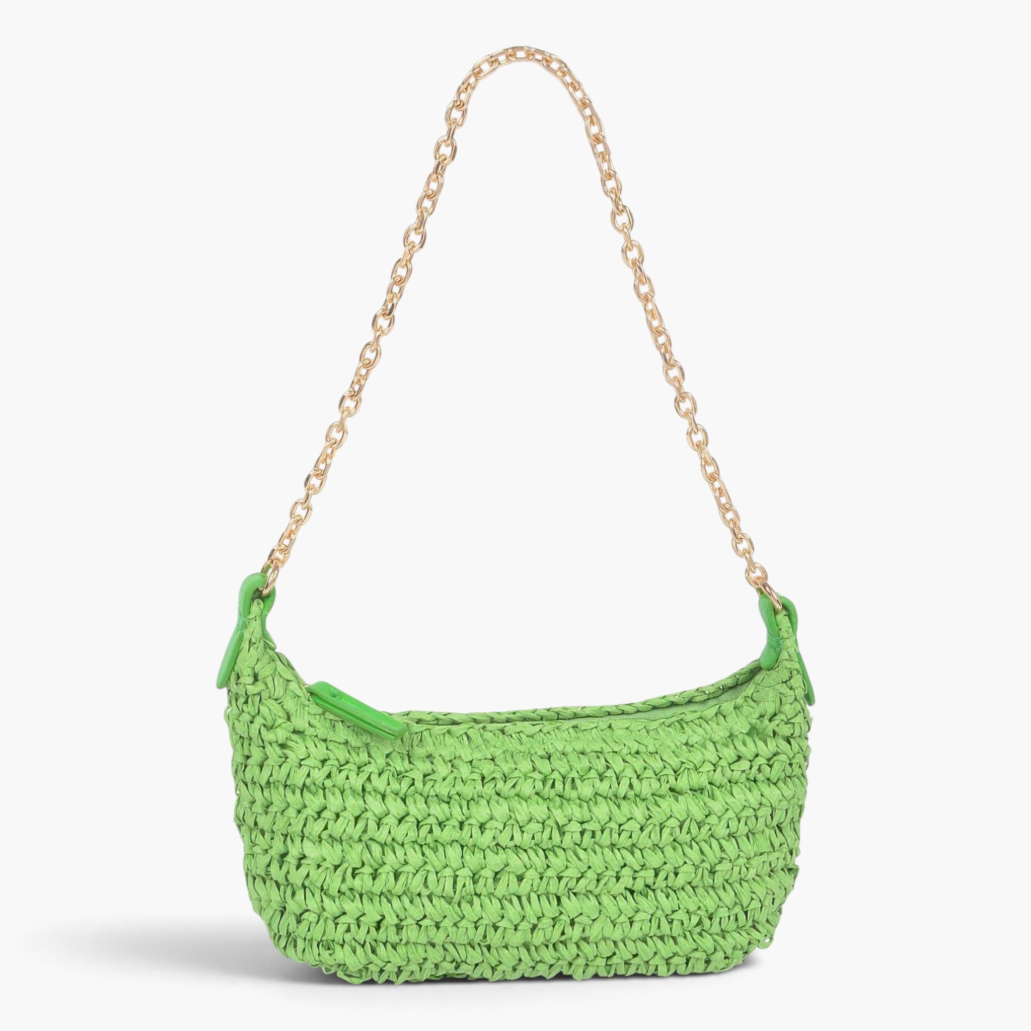 Beach Rose Co. green faux straw shoulder clutch with a gold chain strap and zip closure on a white background