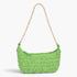 Beach Rose Co. green faux straw shoulder clutch with a gold chain strap and zip closure on a white background
