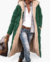 Beach Rose Co. longline green quilted coat with plush cream fleece lining, hood, and front zip closure.