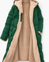 Beach Rose Co. longline quilted coat in dark green with a plush beige fleece-lined interior and hood.