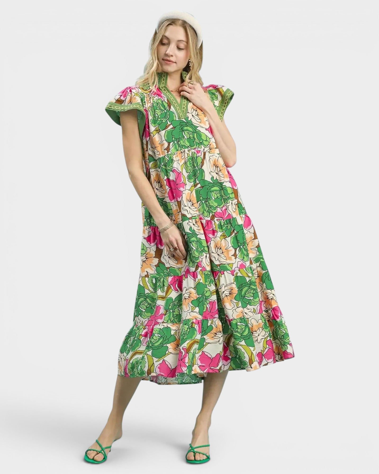 Beach Rose Co. green floral midi dress with split neckline, stand collar, flutter sleeves, and tiered silhouette. Rayon/nylon blend.