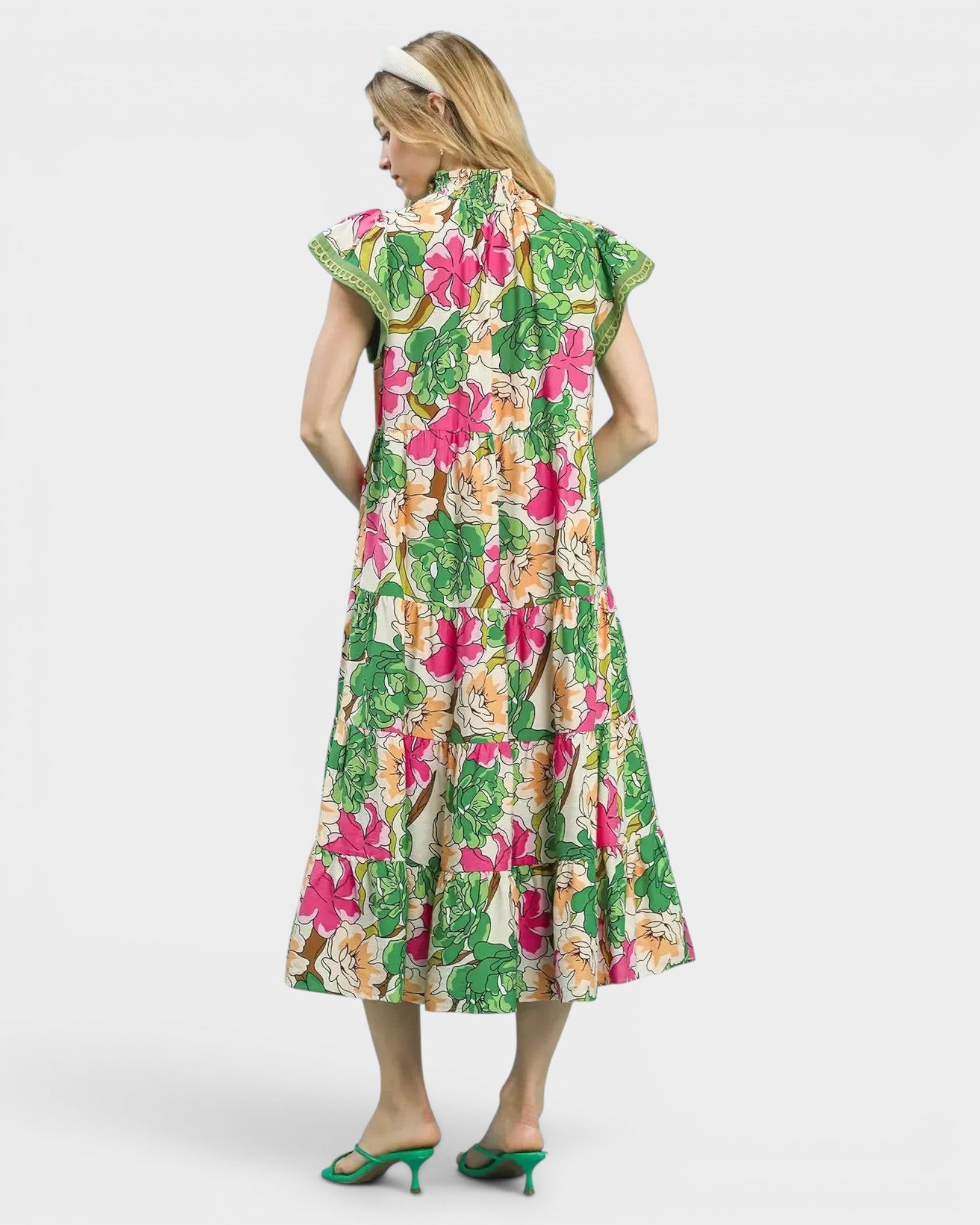 Beach Rose Co. green floral midi dress with split neckline, stand collar, flutter sleeves, and tiered silhouette. Made of rayon/nylon.