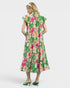 Beach Rose Co. green floral midi dress with split neckline, stand collar, flutter sleeves, and tiered silhouette. Made of rayon/nylon.