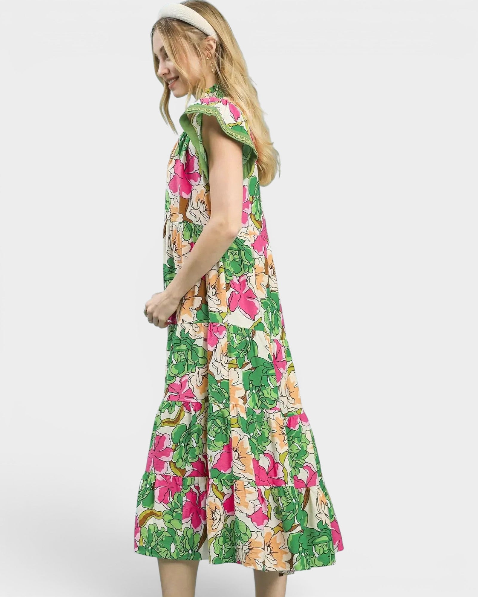 Beach Rose Co. green floral midi dress with split neckline, stand collar, flutter sleeves, and tiered silhouette. Rayon/nylon blend.