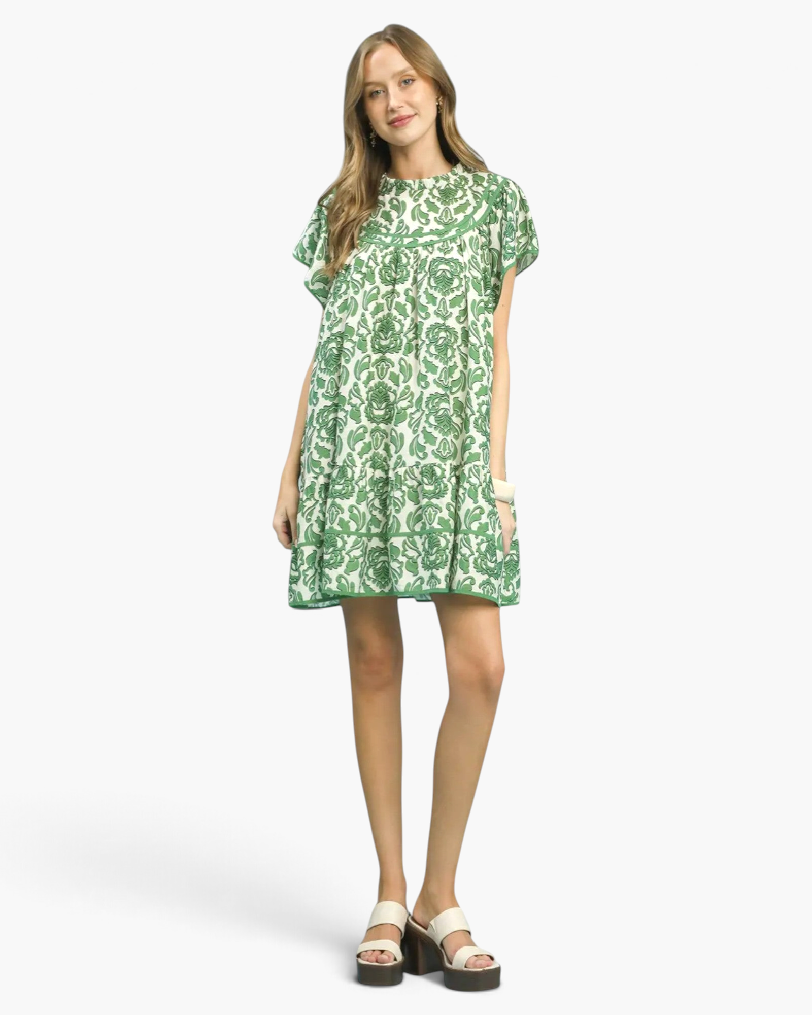 Beach Rose Co. green and cream floral mini dress with flutter sleeves, ruffled neckline, and gathered silhouette.