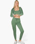 Beach Rose Co. green French terry three-piece lounge set with cropped cami, zip-up jacket, and tapered joggers.