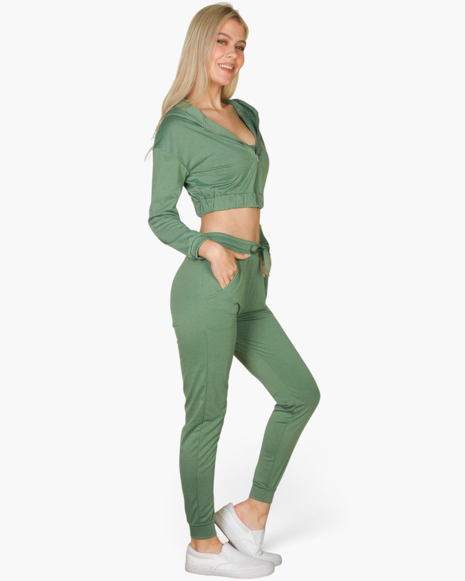 Beach Rose Co. green French terry three-piece set featuring a cropped cami, zip-up jacket, and tapered joggers.
