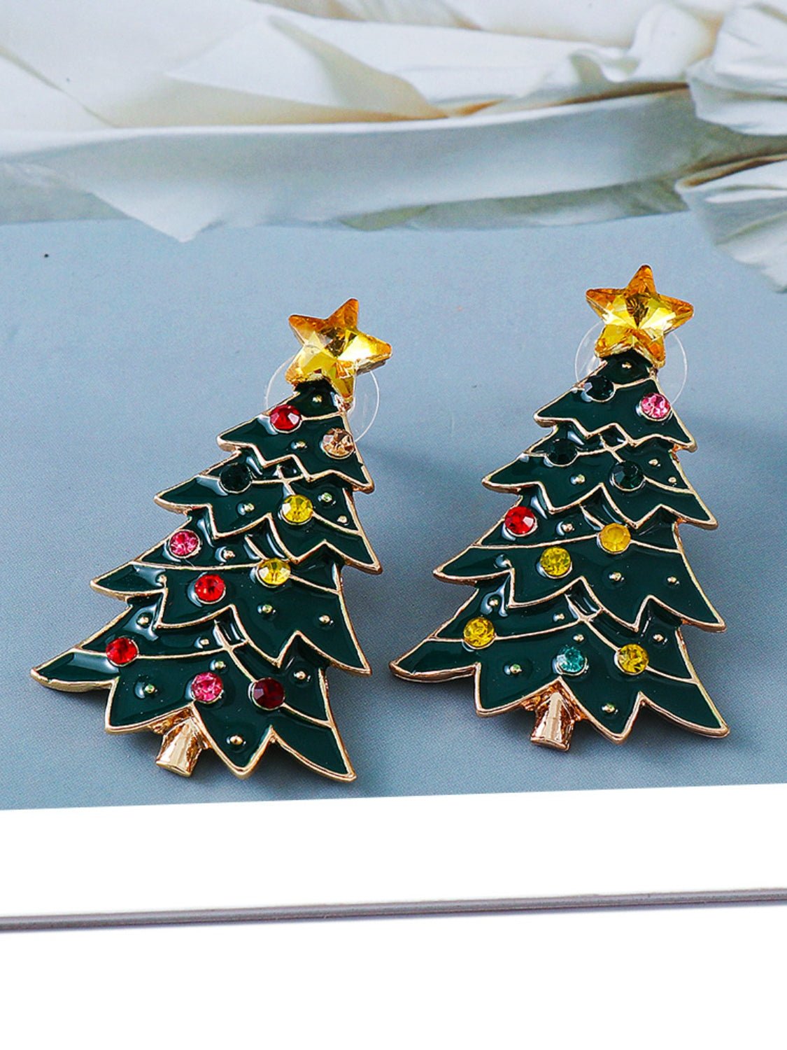 Beach Rose Co. - Green Inlaid Rhinestone Christmas Tree Earrings