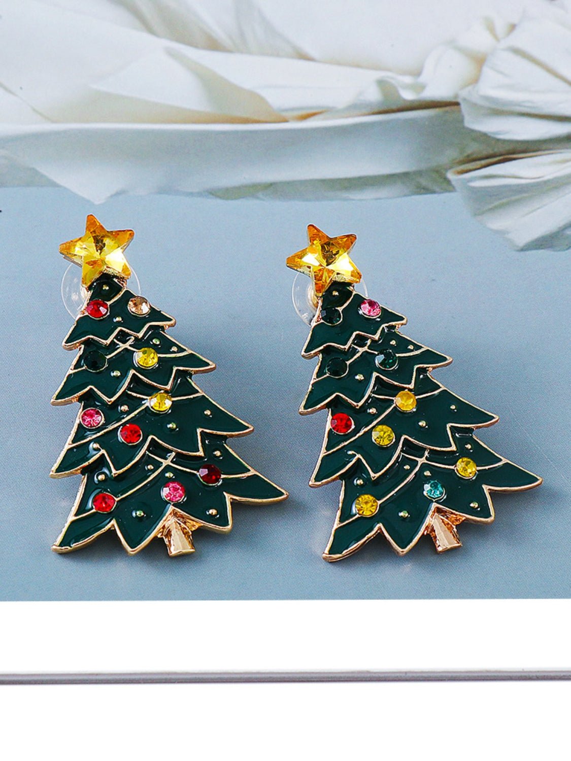 Beach Rose Co. - Green Inlaid Rhinestone Christmas Tree Earrings