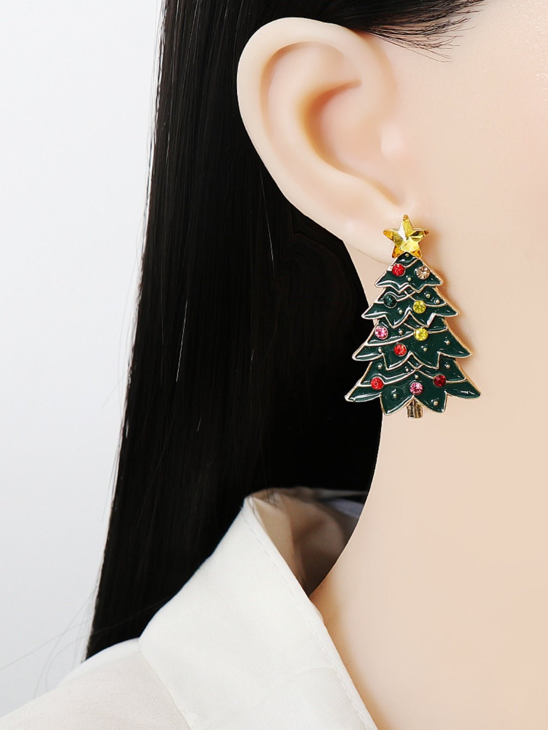 Beach Rose Co. - Green Inlaid Rhinestone Christmas Tree Earrings