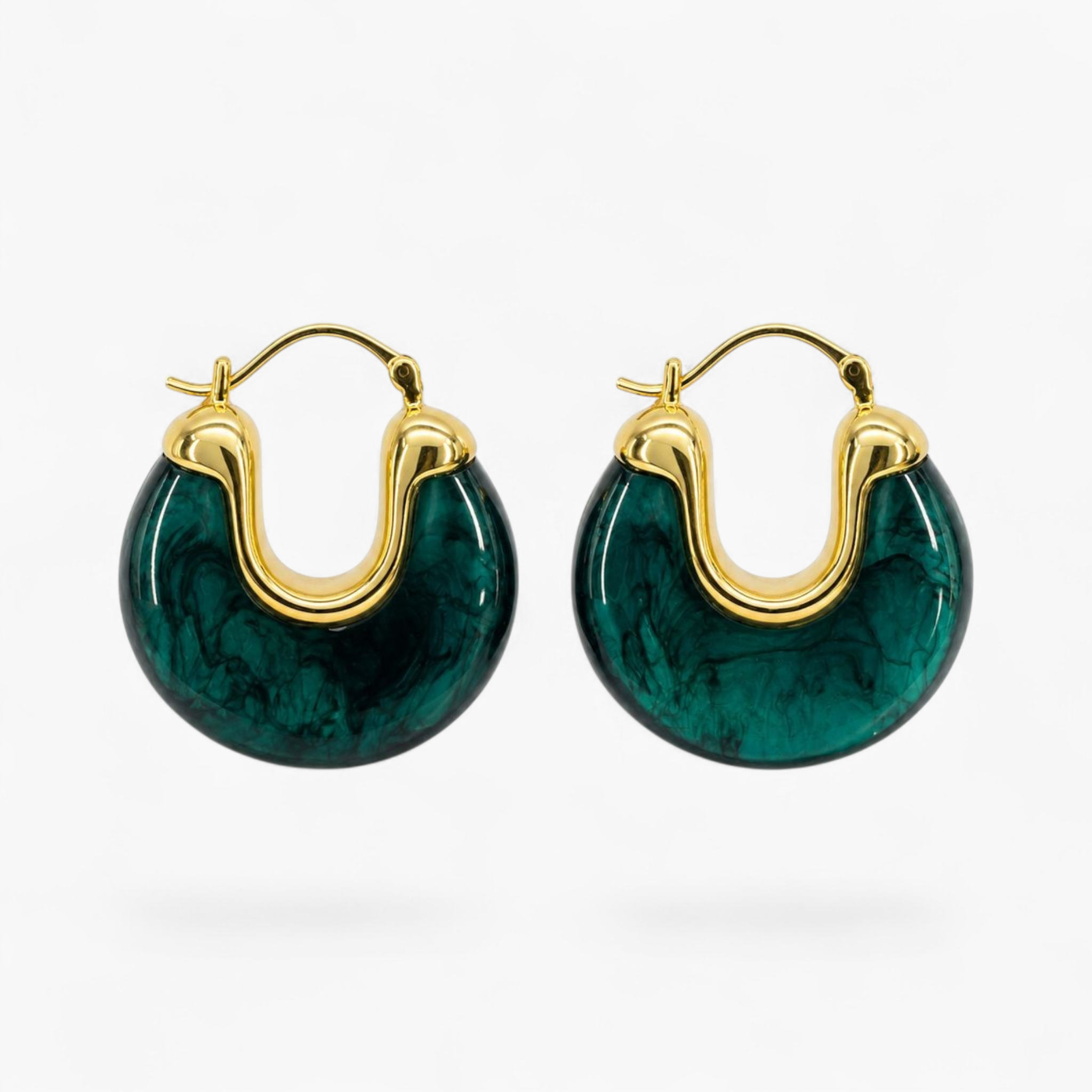 Beach Rose Co. 18K gold filled hoop earrings featuring dark green marbled resin accents and a hinged closure.
