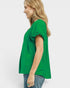 Beach Rose Co. green textured woven rayon-nylon blouse with puff sleeves and ruffled V-neckline.