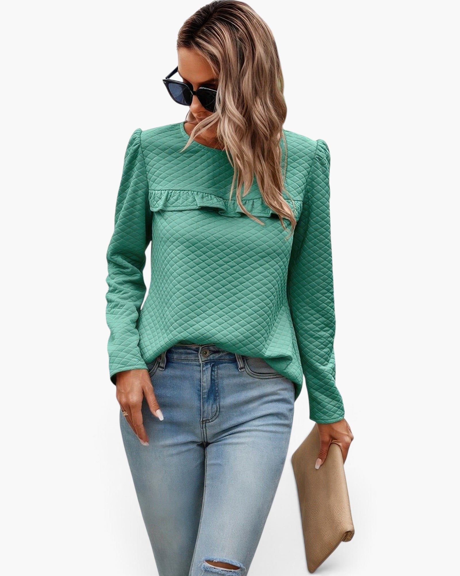 Beach Rose Co. green quilted crewneck pullover with ruffled chest detail worn by a woman with sunglasses and jeans.